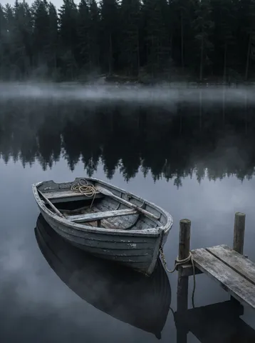 A single wooden rowing boat, tied to a simple wooden dock, floating on dark still water. The boat is weathered grey, the interior showing a coil of rope and a single oar. The dock is two planks and four posts. The water reflects dark trees on the far shore. Early morning mist sits on the water surface. A thin line of mist separates the trees from their reflection. 85mm, f/4. Negative: people, motor, text, watermark.