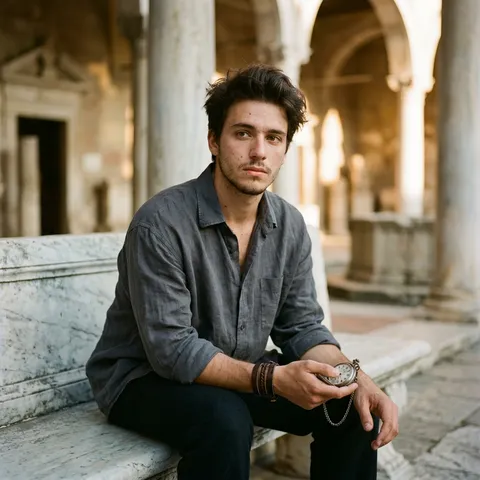 SHOT:  • Composition: Medium close-up, 35 mm, subject seated on marble bench, frontal view slightly tilted  • Camera Settings: ISO 320, f/2.8, 1/160 s, natural light, full-frame sensor  • Film Grain: Fine grain, subtle film texture  LENS EFFECTS:  • Optics: Sharp focus on subject's eyes and shoulders, architectural background softly blurred  • Artifacts: None noticeable  • Depth of Field: Shallow depth of field, smooth bokeh on stone columns  SUBJECT:  • Description: Young man with tousled dark hair, thoughtful expression, leather bracelets on wrists  • Wardrobe: Oversized charcoal linen shirt, relaxed drape  • Grooming: Minimal facial hair, warm complexion, effortlessly styled hair  SCENE:  • Location: Classical courtyard or historic colonnade, weathered marble flooring, stone pillars in background  • Time of Day: Early evening, golden hour light  • Environment: Peaceful, architectural elegance, surrounded by stone structures  VISUAL DETAILS:  • Action: Man seated on bench, one hand holding a vintage pocket watch, other resting on lap  • Props: Antique pocket watch with visible chain  • Physics: Relaxed seated posture on cool marble, gentle fabric movement  CINEMATOGRAPHY:  • Lighting: Warm diffused sunlight with soft shadows, golden hour warmth  • Tone: Serene, introspective, sophisticated  • Color Palette: Warm grays, charcoal tones, golden light, muted stone backgrounds  TEXT ELEMENTS:  • Visible Text: None  • Typography: None  • Placement: None  SKIN REALISM: Highly realistic skin texture with visible pores, natural micro-imperfections, slight blemishes, no smoothing, no beauty filter, no airbrushed or plastic skin texture.
NEGATIVE: airbrushed skin, plastic texture, waxy face, over-smoothing, beauty filter, CGI skin
STYLE:  • Visual Aesthetic: Naturalistic portrait, editorial lifestyle photography, soft-focus artistic framing