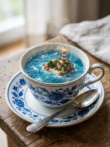 A teacup on a saucer, seen from above at a slight angle. The tea inside the cup is a perfect miniature ocean — with tiny waves, a small island visible in the center, and a microscopic lighthouse on the island emitting a pinpoint of light. The teacup is fine white porcelain with a blue floral pattern on the exterior. The saucer has a silver spoon resting on it. Steam rises from the ocean-tea. Shot on Canon R5, 100mm macro, f/4. Surreal food photography. Negative: cartoon, normal tea, person, text, watermark.