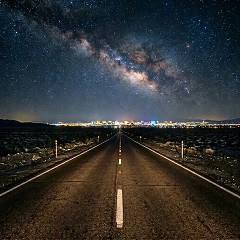 A single straight road cuts through a desert toward a distant city, seen from 20 miles away at night. The city is a cluster of light on the flat horizon — white, amber, and occasional neon colors — shimmering slightly in the heat that the desert floor is still releasing. The road's white center line stretches from the camera's feet to the city lights, a painted arrow pointing at civilization. On either side of the road: flat, dark, nothing — the desert is a featureless void under a sky packed with stars so dense the Milky Way is visible as a bright band across the upper frame. The road is empty except for the two faint parallel lines of reflective road markers catching the starlight. Shot on a Nikon Z8 with the Nikkor 14-24mm f/2.8 S at 14mm, f/2.8, ISO 6400, 15-second exposure — long enough to record the stars as points rather than trails, short enough that the 14mm wide angle keeps them as dots (the 500 rule). The foreground road is lit by the camera car's parking lights — a subtle warm wash that reveals the asphalt texture without overpowering the natural darkness. This is the Vegas approach, the Albuquerque distant glow, the lonely road photograph that every landscape photographer dreams of.