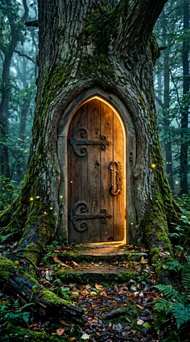 A perfectly crafted arched wooden door with a hammered iron handle and decorative iron hinges, set into the massive trunk of an ancient oak tree. The door is slightly ajar — warm golden light spills from inside the tree onto the moss and fallen leaves at its roots. The bark has grown around the door frame organically over what appears to be centuries — the wood grain flows naturally into the stone threshold. The tree stands in a misty twilight forest, other trees visible in soft focus behind. Fireflies hover near the glowing doorway. Vertical composition, tree filling the height. Shot on Fujifilm GFX, 35mm, f/4. Fantasy nature photography. Negative: people, modern, cartoon, bright daylight, text, watermark.
