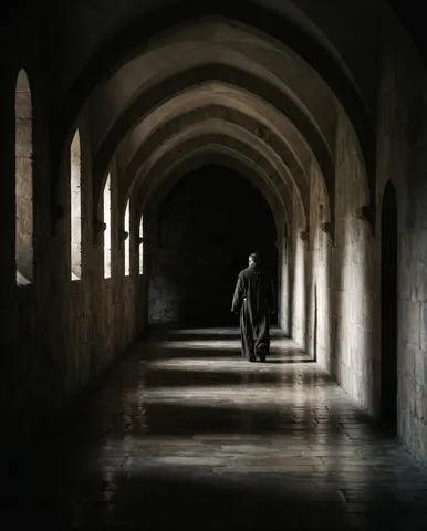 A monastery corridor — stone arches repeating into darkness. A single monk in dark robes walks away from camera, 50 feet down. Each arch frames the next. The floor is worn stone, polished by centuries. Light enters from small windows on the left, each creating a bright rectangle on the right wall. The monk passes through light-dark-light-dark. 85mm, f/2.8. Negative: crowds, modern, text, watermark.