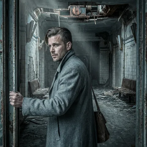 ```json
{
  "metadata": {
    "title": "Arrival at the Abandoned Station",
    "version": "3.0_Nano_Structure_Optimized",
    "description": "A high-fidelity cinematic scene depicting a lone traveler entering a derelict railway station, focusing on texture, lighting, and atmospheric environmental design."
  },
  "___SUBJECT_IDENTITY_PROFILE___": {
    "generation_directive": {
      "task": "standalone_character_portrait",
      "character_type": "weathered_survivor",
      "visual_reference": "detailed_description_based"
    },
    "subject_features": {
      "build": "180cm, lean muscular, athletic frame",
      "face": "Angular face structure, sharp cheekbones, weathered complexion, medium tan skin",
      "hair": "Side-swept pompadour, slicked back with faded undercut, dark blonde with streaks of grey, textured top",
      "eyes": "Steel grey, deep-set, intense gaze, medium-thick eyebrows",
      "nose": "Straight, proportional with slight bridge definition, strong presence",
      "facial_hair": "Three-day stubble, sparse cheek coverage, clean upper lip, defined jawline"
    },
    "instructions": "Render the character as a central figure standing alone at the station entrance. Apply all specified facial and physical features consistently. Emphasize weathering and fatigue in facial expression and posture."
  },
  "___ARTISTIC_CONTEXT_AND_STYLING___": {
    "shot_composition": {
      "framing": "Medium shot, straight on angle to emphasize the decay of the station",
      "pose_action": "The traveler stands in the station doorway, one hand on the corroded door frame, looking inward at the shadowed platform, shoulders tense",
      "hand_gesture": "Left hand gripping the rusty metal frame, right hand at side holding a worn canvas satchel strap",
      "angle": "Slightly elevated angle, capturing the depth and scale of the station interior"
    },
    "wardrobe_styling": {
      "outfit": "Heavy wool overcoat in faded grey, buttoned and layered over a cream-colored linen shirt. Dark trousers with patches at the knees. Visible wear and dirt across all garments.",
      "accessories": "Leather satchel worn across torso, brass compass hanging from neck chain, scuffed leather boots with metal buckles, thick wool scarf"
    },
    "environment": {
      "location": "Abandoned Underground Railway Station. Decaying 1950s architecture. Darkness dominates the interior with minimal natural light from the entrance.",
      "key_elements": [
        "Crumbling tiled walls with peeling paint",
        "Rusted platform benches and ticket booth",
        "Shattered art deco light fixtures",
        "Dust motes floating in weak light beams",
        "Collapsed ceiling sections revealing machinery"
      ],
      "ambiance": "Eerie, melancholic, mysterious. A sense of time frozen and decay. The air feels stale and history-laden."
    },
    "photography_technical": {
      "camera_settings": "ISO 400, f/4.0, 1/60s. Medium depth of field balancing subject and architectural background.",
      "lighting": "Chiaroscuro lighting with harsh side-light from the doorway creating strong shadows. Practical lighting from deteriorating fixtures adds secondary warm pools. Rim lighting defines subject against dark background.",
      "flash_effect": "Natural directional light only, backlit silhouette emphasis",
      "shadows": "Heavy, dramatic shadows with deep blacks consistent with industrial underground space"
    },
    "post_processing_aesthetic": {
      "film_look": "Fujifilm Eterna 500T pushed one stop, processed with desaturated color palette for period authenticity",
      "lens_optics": "50mm prime lens, minimal distortion, subtle chromatic aberration in shadows, natural vignetting",
      "color_grade": "Muted cold palette with desaturated blues and greys, warm amber highlights from aged lighting, slight sepia in shadows",
      "artifacts": "Medium film grain, subtle light leaks, atmospheric dust particles, slight lens flare from directional light"
    }
  }
}
```