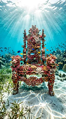 An ornate throne made entirely of living coral — branches of red, pink, orange, and white coral forming the armrests, a high back, and thick legs. The throne sits on a white sand ocean floor in shallow turquoise water, approximately 15 feet below the surface. Shafts of sunlight penetrate the water from above, hitting the throne and casting dappled caustic light patterns on the sand around it. Small tropical fish — blue, yellow, orange — swim through the coral armrests. Sea grass sways gently near the base. Vertical composition, the throne filling the frame. Shot underwater, 15mm wide angle, f/5.6, natural light only. Negative: person sitting, cartoon, dark murky water, text, watermark.
