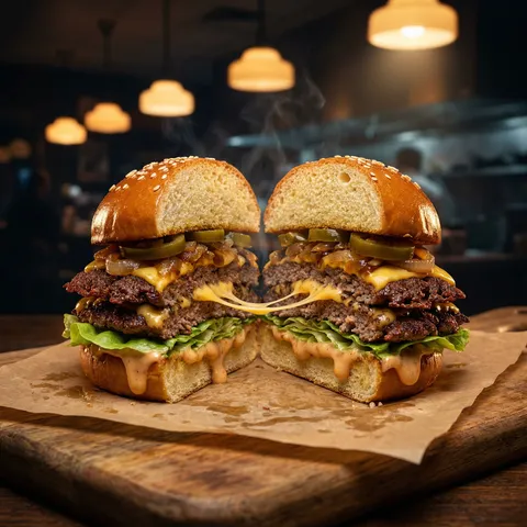 SHOT: • Composition: Hero shot, single burger cross-section, cut in half and stacked to show layers • Camera: Canon EOS R5, RF 100mm f/2.8L Macro, f/4, ISO 200 • Aspect: 4:5
SUBJECT: • Food: Gourmet smash burger, cross-section showing — from bottom up — glossy brioche bun base, special sauce drip, crisp lettuce leaf, two thin smash patties with crispy lace edges, melted American cheese draping between them, caramelized onions, pickled jalapeño slices, top bun with sesame seeds • The cheese pull is the money shot — a thin string of melted cheese stretching between the two halves
SCENE: • Surface: Grease-stained brown kraft paper on a wooden cutting board • Background: Dark, moody, a kitchen out of focus with warm pendant lights suggesting a late-night diner
LIGHTING: • Key: Single warm spotlight from upper-right at 45°, creating dramatic shadows on the burger layers and highlighting the cheese melt • Rim: Strip light from behind, outlining the burger's silhouette and catching the steam rising from the patty • Fill: Small warm bounce card at table level from the left, just opening the dark shadow side enough to see the sauce
COLOR: Warm — deep browns, golden brioche, orange cheese, green jalapeño
STYLE: • Visual Aesthetic: Shake Shack campaign, David Chang food editorial, Bon Appétit cover shot