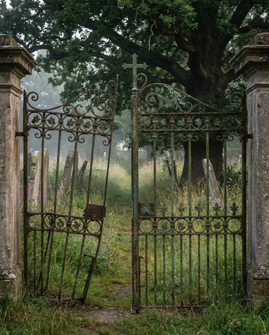 An old cemetery gate — wrought iron between stone pillars, partially open. The iron gate shows ornate scrollwork, leaves, and a central cross, all corroded with rust and verdigris. One hinge is broken, the gate leaning. Through the opening: a path through old gravestones with tall grass and wildflowers growing between them. A large tree provides shade. Morning mist. 50mm, f/4. Negative: people, modern, text readable on graves, watermark.