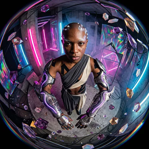 An extreme overhead fisheye shot using a RED V-RAPTOR with a Zeiss Supreme Prime 8mm lens at f/2.8, looking straight down at an avant-garde performer. The camera is positioned directly above the subject, producing strong spherical distortion where the environment curves dramatically toward the edges of the frame. Shot on Kodak Vision3 500T film stock emulation with enhanced color saturation and contrast.

A young non-binary performer with deep brown skin stands in the center of the scene gazing upward toward the camera. Their head is shaved smooth with a subtle iridescent scalp paint in pearl and silver tones.

They wear experimental biomechanical arm gauntlets constructed from layered resin and anodized aluminum:
segmented articulated plating in brushed titanium
asymmetrical organic shapes resembling insect exoskeletons
glowing LED lines embedded along the joints in electric purple
semi-transparent panels revealing internal mechanical detail
intricate etched patterns that shift with light refraction
The gauntlets feel sculptural, futuristic, and otherworldly, like avant-garde body armor from a speculative future.

Their outfit is deliberately deconstructed: asymmetrical draped fabric in charcoal and cream, revealing geometric body tape underneath, minimalist so the gauntlets command visual attention.

The environment is a maximalist cyber-brutalist installation:
textured concrete walls with embedded neon tubing in hot pink and electric blue
holographic vinyl panels creating fragmented mirror reflections
volumetric fog catching sharp geometric light patterns
desaturated greys contrasted with saturated neon accents

Around the performer, translucent geometric crystals float in mid-air in a chaotic constellation:
jagged polyhedral shapes
frosted acrylic in amethyst, topaz, and opal hues
some catching internal LED illumination
small particulates and atmospheric debris suspended throughout

Lighting employs split Rembrandt technique with key light from overhead positioned asymmetrically:
dramatic shadows sculpting facial contours
sharp specular highlights on aluminum gauntlets and crystal surfaces
volumetric light beams cutting through fog
subtle chromatic aberration at frame edges enhancing the fisheye effect

Ultra detailed editorial avant-garde photography, contemporary digital maximalist aesthetic with cyberpunk sensibilities. Highly realistic skin texture with visible pores, natural micro-imperfections, slight blemishes, no smoothing, no beauty filter, no airbrushed or plastic skin texture. Negative: airbrushed skin, plastic texture, waxy face, over-smoothing, beauty filter, CGI skin