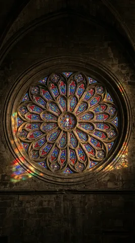 A church rose window seen from inside, perfectly centered. The circular stained glass window fills the frame — deep reds, cobalt blues, emerald greens, and gold radiating from a central medallion in concentric circles of intricate tracery. Late afternoon sun hits the window from outside, making the glass glow intensely. The surrounding stone wall is dark, making the window the sole luminous element. 85mm, f/5.6. Negative: people, pews, modern, text, watermark.