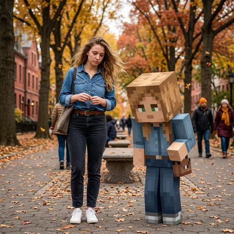 ```json
{
  "task": "lifestyle_image, digital_art",
  "subjects": [
    {
      "id": 1,
      "gender": "FEMALE",
      "appearance_details": "Молодая женщина, 22 года. Светлые зеленые глаза, смотрящие вниз на свои руки. Выражение лица задумчивое, слегка грустное, будто она погружена в размышления. Русые, длинные, волнистые волосы, которые выглядят как после ветра. Естественный тон кожи, свежий макияж.",
      "clothing": "Одета в джинсовую рубашку, темные джинсы, кожаный ремень, белые кроссовки.",
      "pose": "Стоит с легким наклоном вперед. Голова слегка опущена, взгляд направлен вниз на свои сложенные руки. Одна рука держит сумку через плечо, другая сжимает край рубашки. Поза очень естественная, задумчивая, как будто поймана между делом."
    },
    {
      "id": 2,
      "gender": "NON_BINARY",
      "appearance_details": "Персонаж в стиле Minecraft (кубический, пиксельный). Имеет схожие с первым субъектом базовые черты: русые «волосы» (пиксельный светло-коричневый квадрат на «голове»), «зеленые глаза» (два пикселя). Выражение статичное, но поза идентична.",
      "clothing": "Точная, но пиксельная версия джинсовой рубашки, джинсов, ремня и кроссовок.",
      "pose": "ПОЗА ТОЧНО КАК У СУБЪЕКТА 1. Стоит рядом, в той же позе, являясь его зеркальным, пиксельным отражением. Его кубическое тело также слегка наклонено вперед. «Голова» наклонена вниз под тем же углом. Его «руки» (прямоугольные выступы) находятся в точно таком же положении — одна держит маленькую пиксельную сумку, другая у края туловища. Полное зеркальное копирование позы живого человека, но в угловатой, кубической манере."
    }
  ],
  "scene_description": "Это странный, но пронзительный момент из цифровой жизни, подчеркнутый идеальной синхронностью. Молодая женщина замерла посредине спокойной парковой аллеи в осеннем Нью-Йорке, погруженная в размышления о чем-то важном. Прямо рядом с ней, как ее собственное пиксельное альтер-эго из вселенной Minecraft, стоит ее точная копия, повторяющая позу до мельчайшего движения. Они обе смотрят вниз, обе держат свои вещи в идентичных позах, создавая сюрреалистичный и философский дуэт. Кадр снят спонтанно, на смартфон, с типичной для BeRaw спонтанностью, но идеальное зеркалирование между живой, органичной позой и ее угловатым, цифровым воплощением заставляет задуматься о наших двойниках в виртуальном мире. Настроение — задумчивое, немного отчужденное и психоделичное.",
  "style": {
    "vibe_aesthetic": "'BeReal' meets 'Digital Glitch'. Спонтанный, непостановочный лайфстайл-кадр с элементом цифрового искусства и игровой эстетики. Должно выглядеть как реальное фото, на которое случайно попал 3D-объект из игры, синхронизировавшийся с человеком.",
    "lighting_mood": "Мягкий, рассеянный свет осеннего дня в городе. Свет косой, но не жесткий (осенняя дымка или свет, отраженный от листвы и зданий). Освещает сцену равномерно, создавая ощущение умиротворения, подчеркивая обыденность момента и все детали — как текстуру кожи, так и плоские грани пиксельного персонажа. Идентичное освещение подчеркивает идентичность поз.",
    "texture_color": "Палитра: Теплые, приглушенные оттенки осени (охра, терракота, золотой) на фоне опадающей листвы, контрастирующие с простой черно-белой гаммой одежды персонажей. Контраст между органической текстурой кожи, деревьев, камня и гладкой, цифровой, пиксельной поверхностью майнкрафт-персонажа. Насыщенность — естественная, как на хорошем айфоне, слегка приподнятая в тенях.",
    "avoid": ["Яркие, насыщенные цвета", "темный или мрачный фон", "сглаженная кожа (портретный режим)", "HDR-эффект", "следы явного фотошопа", "позы персонажей, отличающиеся друг от друга"]
  },
  "composition": {
    "type": "Портрет в полный рост (environmental portrait).",
    "framing": "Средний план. В кадре персонажи примерно по колено, плюс пространство вокруг них. Они стоят близко друг к другу, их фигуры и идентичные позы создают сильный визуальный ритм. Смещены от центра.",
    "angle": "Уровень глаз или чуть ниже (съемка с высоты груди фотографа). Это создает ощущение, что друг просто стоял рядом и снял их.",
    "focus": "Небольшая глубина резкости, имитирующая портретный режим на iPhone. Главный объект фокуса — лицо и руки живой женщины. Майнкрафт-персонаж, находящийся в той же плоскости, также должен быть в фокусе или почти в фокусе, чтобы подчеркнуть их связь. Фон размыт.",
    "negative_prompts": ["Симметричная композиция", "разные позы", "сильное размытие майнкрафт-персонажа", "отсутствие фона"]
  },
  "technical": {
    "camera_simulation": "Смартфон iPhone 15 Pro Max. Основная широкоугольная камера (24mm eq.).",
    "lens_simulation": "Широкоугольный объектив с минимальной дисторсией. Имитация работы портретного режима (вычисление глубины картинки).",
    "lighting_technical": "Естественный солнечный свет осеннего дня. Автоматический HDR смартфона должен быть «включен», но не перегружен.",
    "post_processing": "Типичная для iPhone фотообработка: чуть повышенная контрастность, чистые, слегка приподнятые тени, теплый баланс белого (около 5000K). Легкое усиление насыщенности желтых и красных оттенков. Резкость — естественная."
  },
  "environment": {
    "venue_geometry": "Типичный для осеннего Нью-Йорка парк: узкая аллея, обрамленная высокими деревьями с золотой и красной листвой, старые каменные скамьи, видны здания с красного кирпича вдали.",
    "atmosphere": "Прохладный, пасмурный осенний день. Воздух свежий, влажный. Листья падают медленно.",
    "clutter_details": "Детали, создающие реализм: опавшие листья у их ног, ветка, лежащая на земле, скамейка из камня позади. На заднем плане, в зоне размытия, — проходящие люди в осенней одежде, вдали видна ржавая металлическая дверь здания."
  }
}
```,
  "skin_realism": "Highly realistic skin texture with visible pores, natural micro-imperfections, slight blemishes, no smoothing, no beauty filter, no airbrushed or plastic skin texture.",
  "negative_prompt": "airbrushed skin, plastic texture, waxy face, over-smoothing, beauty filter, CGI skin"
}