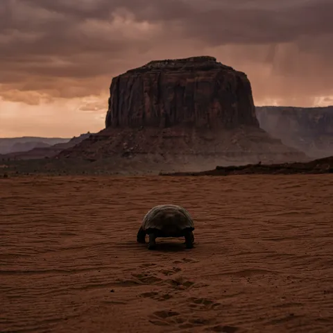 A photorealistic, cinematic, high-resolution portrait-oriented photograph captures an immense, desolate, rocky desert landscape under an imposing sky. In the background, a colossal, jagged sandstone butte dominates the upper frame, showcasing dark, rugged rust-colored rock faces interspersed with ancient geological striations. The sky above is a heavy, tempestuous, deep orange-purple overcast, suggesting dawn or profound dusk. The foreground consists of an expansive, flat plain of deeply textured, pristine reddish-brown sand, sculpted by subtle drifts and wind patterns. The lighting is extremely low-key and ambient, imbued with a strong, warm, desaturated amber tint. The diffused light source, likely obscured by the thick clouds, illuminates the scene from above and slightly behind the viewer, casting the central subject into a dramatic silhouette and creating a mood of profound solitude, epic vastness, mystery, isolation, and subtle melancholy. The central subject is a lone desert tortoise, depicted with its distinctive, low-slung, and somewhat dome-shaped body. Its overall body build is sturdy and compact, perfectly adapted for its harsh environment, presenting a notable width at the shell that tapers gradually towards a narrower neck and head. The tortoise's form is almost entirely a deep, dark silhouette against the slightly brighter sand, rendering specific shell details indistinguishable but powerfully emphasizing its characteristic outline. There is a very subtle, almost imperceptible hint of a dark brownish-tan on its shell where the ambient light faintly catches its surface, suggesting the deep tones of its natural coloring. Its legs are positioned naturally beneath it, blending seamlessly into the silhouette, while its head is held forward, proportional to its body, conveying a sense of determined movement. The tortoise is captured mid-stride, walking directly away from the viewer, its body oriented precisely 180 degrees from the camera, conveying a journey into the vastness. It leaves behind a clear trail of fresh footprints in the sand, each impression visible as a small, slightly darker oval indentation. These footprints recede in a straight line towards the subject, creating a strong sense of depth and a narrative of passage. A prominent, elongated shadow extends from the tortoise to its front-right on the sand, precisely indicating the subtle, low-angle light source. The camera angle is low, looking slightly up at the tortoise, which emphasizes its journey and the monumental scale of the landscape. The tortoise is positioned centrally on the horizontal axis, occupying the lower third of the frame, with the footprints filling the very bottom. The image features a portrait orientation, approximately 3:4, enhancing the sense of height and vertical immensity. Shot on Kodak Portra 400 film stock with a Canon EOS R5 and RF 85mm f/1.2L lens at f/2.8, 1/500s. The depth of field is moderately deep, with both the textured foreground sand and the distant butte in relatively sharp focus, though the distant features exhibit a slight atmospheric haze, enhancing the perception of distance. The sharpest focus is on the tortoise and its immediate sand-covered surroundings. Highly realistic skin texture with visible pores, natural micro-imperfections, slight blemishes, no smoothing, no beauty filter, no airbrushed or plastic skin texture. Negative: airbrushed skin, plastic texture, waxy face, over-smoothing, beauty filter, CGI skin