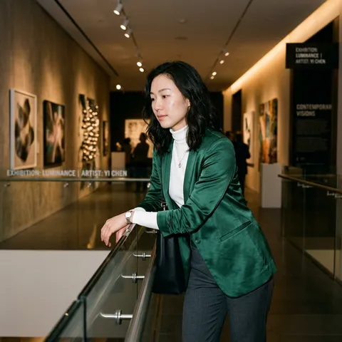 SHOT:  • Composition: Medium shot, three-quarter pose, subject leaning against gallery railing, art gallery background  • Camera Settings: ISO 1200, f/1.8, 1/50 s  • Film Grain: Moderate  LENS EFFECTS:  • Optics: Slightly wide-angle lens, minimal distortion  • Artifacts: None  • Depth of Field: Moderate, subject in sharp focus, background slightly blurred  SUBJECT:  • Description: Young adult East Asian female, athletic body type, shoulder-length dark hair in loose waves, serene expression  • Wardrobe: Emerald green silk satin blazer, white fitted turtleneck, tailored charcoal trousers  • Grooming: Dewy skin, minimalist makeup, hair softly framing face  SCENE:  • Location: Contemporary art gallery corridor with glass barriers  • Time of Day: Evening  • Environment: Indoor gallery space with contemporary art installations, ambient gallery lighting  VISUAL DETAILS:  • Action: Subject leaning on railing, gazing thoughtfully toward artwork  • Props: Silver pendant necklace, delicate watch on left wrist, black leather tote bag strap visible  • Physics: Gallery accent lighting creating soft reflections on silk fabric and glass surfaces  CINEMATOGRAPHY:  • Lighting: Warm gallery spotlights from above and architectural side lighting, soft graduated shadows, luminous highlights on face  • Tone: Slightly warm, refined ambient colors from gallery installations  • Color Palette: Emerald green, cream white, charcoal neutrals, soft golden accent lights in background  TEXT ELEMENTS:  • Visible Text: Contemporary artist names and exhibition titles on gallery walls  • Typography: Minimalist sans-serif gallery text, black and white with accent colors  • Placement: Background signage on gallery entry walls  SKIN REALISM: Highly realistic skin texture with visible pores, natural micro-imperfections, slight blemishes, no smoothing, no beauty filter, no airbrushed or plastic skin texture.
NEGATIVE: airbrushed skin, plastic texture, waxy face, over-smoothing, beauty filter, CGI skin
STYLE:  • Visual Aesthetic: Modern cultural lifestyle with sophisticated gallery ambiance