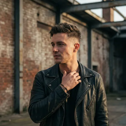 ```json
{
  "metadata": {
    "confidence_score": "high",
    "image_type": "photograph",
    "primary_purpose": "social media/portrait"
  },
  "composition": {
    "rule_applied": "rule of thirds",
    "aspect_ratio": "vertical 4:5",
    "layout": "single subject",
    "focal_points": ["subject's three-quarter face", "leather jacket detail"],
    "visual_hierarchy": "eye follows his gaze toward the left side of the frame, then to jacket texture, then to urban background",
    "balance": "asymmetric"
  },
  "color_profile": {
    "dominant_colors": [
      { "color": "brick red", "hex": "#A84432", "percentage": "40%", "role": "bg" },
      { "color": "warm skin tone", "hex": "#C9956B", "percentage": "35%", "role": "subject" },
      { "color": "charcoal gray", "hex": "#3D3D3D", "percentage": "10%", "role": "accent" },
      { "color": "bronze", "hex": "#B87333", "percentage": "5%", "role": "jewelry" },
      { "color": "shadow black", "hex": "#1A1A1A", "percentage": "10%", "role": "secondary bg" }
    ],
    "color_palette": "analogous warm tones + contrasting cool shadows",
    "temperature": "warm subject, cool background",
    "saturation": "moderate",
    "contrast": "medium"
  },
  "lighting": {
    "type": "natural",
    "source_count": "single",
    "direction": "sidelight from right",
    "directionality": "highly directional (sculpting)",
    "quality": "soft with subtle edge definition",
    "intensity": "bright",
    "contrast_ratio": "high (dramatic)",
    "mood": "moody, introspective, urban warmth",
    "shadows": {
      "type": "soft",
      "density": "light",
      "placement": "left side of face and body",
      "length": "short"
    },
    "highlights": { "treatment": "preserved with natural glow", "placement": "cheekbone, jawline, jacket shoulder" },
    "ambient_fill": "minimal",
    "light_temperature": "warm"
  },
  "technical_specs": {
    "medium": "photography",
    "camera": "Canon EOS R5",
    "lens": "85mm f/1.4",
    "aperture": "f/4",
    "iso": "200",
    "shutter_speed": "1/1000s",
    "style": "realistic with refined urban aesthetic",
    "texture": "smooth and clean",
    "sharpness": "moderately sharp on face",
    "grain": "none",
    "depth_of_field": "moderate (subtle background separation)",
    "perspective": "slightly high angle, close portrait"
  },
  "artistic_elements": {
    "genre": "portrait",
    "influences": ["street portrait photography", "lifestyle editorial aesthetics"],
    "mood": "contemplative, understated confidence, serene",
    "atmosphere": "urban warehouse environment",
    "visual_style": "clean and refined with organic directional lighting"
  },
  "typography": {
    "present": false,
    "fonts": [],
    "placement": "",
    "integration": ""
  },
  "subject_analysis": {
    "primary_subject": "man in black leather jacket posing in three-quarter profile",
    "positioning": "right third of frame",
    "scale": "medium close-up",
    "facial_expression": {
      "mouth": "relaxed, lips closed naturally",
      "smile_intensity": "none",
      "eyes": "looking off-frame to the left",
      "eyebrows": "relaxed, natural definition",
      "overall_emotion": "pensive, composed",
      "authenticity": "candid"
    },
    "hair": {
      "length": "short, tapered",
      "cut": "modern undercut with textured top",
      "texture": "structured waves",
      "texture_quality": "medium, defined",
      "natural_imperfections": "visible texture at roots catching light, subtle strand separation",
      "styling": "natural, minimal product with wind influence",
      "part": "side part",
      "volume": "moderate with crown texture",
      "details": "clean fade at temples"
    },
    "hands_and_gestures": {
      "left_hand": "resting near collarbone, fingers relaxed",
      "right_hand": "not visible",
      "finger_positions": "gentle, open hand position",
      "finger_interlacing": "none",
      "hand_tension": "relaxed",
      "interaction": "subtle self-positioning",
      "naturalness": "organic, unpretentious moment"
    },
    "body_positioning": {
      "posture": "standing, shoulders back",
      "angle": "three-quarter profile turned left",
      "shoulders": "neutral, squared slightly"
    }
  },
  "background": {
    "setting_type": "outdoor urban warehouse",
    "spatial_depth": "foreground subject, midground brick wall, background industrial structure",
    "elements_detailed": [
      { "item": "weathered brick wall", "position": "upper right quadrant", "distance": "background", "condition": "aged, textured" },
      { "item": "metal beam", "position": "center–right midground", "distance": "midplane", "condition": "weathered, structural" }
    ],
    "wall_surface": {
      "material": "exposed brick",
      "surface_treatment": "natural aging",
      "texture": "rough, uneven",
      "finish": "matte",
      "features": "mortar lines visible",
      "wear_indicators": "subtle erosion patterns"
    },
    "floor_surface": { "material": "", "color": "", "pattern": "" },
    "objects_catalog": ["brick wall", "metal beam", "industrial structure"],
    "background_treatment": "sharp with natural depth"
  },
  "generation_parameters": {
    "prompts": [
      "moody candid urban portrait of a man in black leather jacket, warm sidelight, textured hair catching light, natural expression, three-quarter profile pose, brick warehouse wall in background, high-resolution editorial aesthetic",
      "variation: enhanced rim lighting, deeper shadow play, softer jacket texture rendering, strengthened warm skin highlights"
    ],
    "keywords": ["urban portrait", "leather jacket", "warehouse", "sidelight", "textured hair", "editorial", "natural lighting", "contemplative"],
    "technical_settings": "85mm f/1.4, f/4, ISO 200, 1/1000s, warm directional light"
  }
}
```