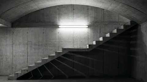 Concrete staircase with no railing. Raw concrete treads ascending diagonally from lower-left to upper-right. The wall is concrete, ceiling concrete. A single fluorescent tube at the midpoint provides hard white light. The stairs cast repeating triangular shadows on the wall. Shot straight-on, flattening the space into geometric pattern. 50mm, f/8. Black and white or near-monochrome. Negative: people, color, text, watermark.