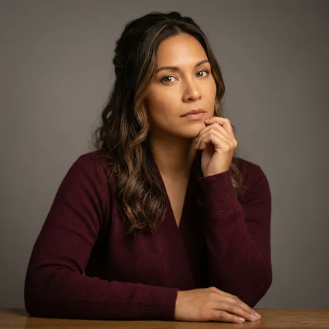 ```json
{
  "image_overview": {
    "scene_type": "artistic portrait with still life",
    "setting": "studio environment with neutral gray backdrop and wooden table surface",
    "mood": "sophisticated, moody-elegant, contemplative, refined",
    "time_of_day": "unspecified (studio controlled lighting)"
  },
  "composition": {
    "framing": "vertical portrait; shoulders to above head crop",
    "camera_angle": "eye-level straight-on perspective with subject seated",
    "subject_placement": "subject off-center using rule of thirds; face occupies upper third; hands visible in lower half",
    "pose_and_gesture": "seated leaning forward slightly; one hand resting on wooden table, other hand near face in thoughtful gesture",
    "background_geometry": "soft gray studio backdrop with subtle texture; wooden table surface with natural grain visible in foreground",
    "depth_of_field": "shallow; subject sharp and detailed, background smoothly blurred into bokeh",
    "visual_balance": "warm mid-tones of subject against cool gray backdrop; burgundy cardigan creates rich focal point"
  },
  "subject": {
    "type": "human",
    "count": 1,
    "demographics_visual": {
      "apparent_age_range": "early thirties",
      "gender_presentation": "feminine",
      "skin_tone": "medium with warm golden undertones"
    },
    "face_and_expression": {
      "expression": "introspective, calm; soft gaze, relaxed composure",
      "gaze": "looking toward camera with contemplative intensity",
      "features": {
        "eyes": "warm brown with visible depth; soft catchlights; gentle eye shape",
        "brows": "natural arch, medium thickness; unfussy styling",
        "lips": "rosy mauve-nude, natural finish with subtle definition",
        "nose": "warm shadow along bridge creating dimension"
      }
    },
    "makeup": {
      "base": "warm, velvety complexion with natural texture; minimal retouching",
      "contour_bronzer": "subtle warmth along temple and jawline",
      "blush": "soft terracotta-rose, diffused across cheekbones",
      "highlight": "minimal; soft glow on upper cheekbones only",
      "eyes": "warm bronze and rust-brown layered shadow; soft smudged liner; natural mascara",
      "brows": "groomed natural shape; no heavy definition",
      "lips": "rosy mauve with soft matte finish"
    },
    "hair": {
      "color": "deep chestnut brown with warm undertones and subtle caramel highlights",
      "part": "deep side part with textured volume at crown",
      "style": "half-up styled with loose waves; soft, undone texture",
      "texture": "textured waves with visible movement and dimension"
    },
    "wardrobe": {
      "top": "burgundy wool blend cardigan with subtle texture",
      "fit": "relaxed, slightly oversized",
      "fabric": "warm matte knit with soft hand-feel"
    },
    "accessories": {
      "hand_jewelry": "minimal gold band on left hand ring finger",
      "other_jewelry": "small delicate gold necklace barely visible at collarbone"
    }
  },
  "environment_and_background": {
    "background_elements": [
      "neutral medium gray studio backdrop",
      "wooden table surface with natural grain texture in lower frame",
      "subtle studio environment suggestion without clutter"
    ],
    "background_style": "minimal professional studio aesthetic",
    "cleanliness_clutter": "clean studio setup with professional discipline"
  },
  "lighting": {
    "key_light": "soft studio light from slightly above and to the side, creating gentle modeling on face",
    "fill_light": "moderate fill to reduce harsh shadows; subtle definition retained",
    "shadow_quality": "soft directional shadows on one side of face; dimensional without harshness",
    "catchlights": "visible catchlight in eyes from primary soft source",
    "specular_highlights": "warm highlights on cheekbones and hair; restrained and natural",
    "color_temperature": "warm studio light, approximately 3200–3500K with slight warmth"
  },
  "color_palette": {
    "dominant_colors": [
      "warm gray (backdrop)",
      "warm brown wood (table)",
      "burgundy (cardigan)",
      "chestnut brown (hair)",
      "warm golden-tan (skin)"
    ],
    "accent_colors": [
      "rosy mauve (lips)",
      "warm brown (eyes)",
      "soft gold (jewelry)"
    ],
    "overall_grade": "warm sophisticated tones with rich jewel-toned accents against neutral backdrop"
  },
  "camera_and_technical": {
    "capture_type": "professional DSLR portrait",
    "camera_body": "Canon EOS R5 or Nikon Z6 II",
    "lens": "85mm prime lens",
    "aperture": "f/1.8 to f/2.0",
    "focal_length": "85mm",
    "sharpness": "crisp facial detail with smooth subject-to-background separation",
    "noise_grain": "minimal; clean ISO performance",
    "white_balance": "warm studio lighting color temperature"
  },
  "post_processing_and_style": {
    "retouching": [
      "minimal skin smoothing preserving texture",
      "subtle color grading toward warm tones",
      "gentle eye enhancement",
      "natural lip definition"
    ],
    "contrast_curve": "moderate contrast; lifted shadows; controlled highlights",
    "saturation": "naturalistic with warmth emphasis; muted jewel tones",
    "vignette": "none",
    "aesthetic_reference": "warm editorial portrait / luxury lifestyle photography"
  },
  "materials_and_textures": {
    "cardigan": "soft wool knit with subtle nap texture",
    "hair": "natural texture with light sheen",
    "table": "natural wood grain visible and tactile",
    "skin": "natural with visible texture; warm luminosity"
  },
  "typography_and_graphics": {
    "text_present": false,
    "logos_present": false,
    "watermarks": "none visible"
  },
  "recreation_prompt_elements": {
    "subject_direction": [
      "woman in her thirties with deep chestnut brown hair with caramel highlights, styled in half-up waves",
      "warm golden-tan complexion with rosy mauve-nude lips and terracotta blush",
      "introspective, contemplative expression with warm brown eyes gazing toward camera",
      "wearing a burgundy wool cardigan in relaxed fit; minimal gold jewelry"
    ],
    "scene_direction": [
      "seated at wooden table with grain texture visible; neutral gray studio backdrop",
      "minimal professional environment; studio-clean aesthetic"
    ],
    "lighting_direction": [
      "warm studio key light from slightly above and side; soft directional modeling",
      "moderate fill reducing harsh shadows while maintaining face dimension",
      "warm color temperature approximately 3200K; visible eye catchlight"
    ],
    "camera_direction": [
      "eye-level perspective, shoulders to head crop, shot with 85mm lens at f/1.8",
      "shallow depth of field with sharp facial focus and smoothly blurred background bokeh",
      "off-center composition using rule of thirds"
    ],
    "grading_direction": [
      "warm sophisticated color grade emphasizing golden and burgundy tones",
      "moderate contrast with lifted shadows; naturalistic saturation",
      "minimal retouching preserving skin texture; warm luminous finish"
    ]
  }
}
```