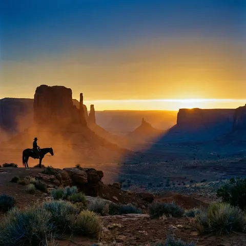SHOT: • Composition: Extreme wide establishing shot, a lone rider dwarfed by a mesa landscape at magic hour • Camera: ARRI Alexa 65, Panavision System 65 40mm T2.8, IMAX-capable resolution • Aspect: 2.76:1 Ultra Panavision
SUBJECT: • Rider: A silhouetted figure on horseback, positioned on a ridge at the left third of frame, small against the sky • The horse is standing still, head down, rider looking toward the horizon
SCENE: • Location: Monument Valley-scale desert landscape — red sandstone mesa formations, sparse sage brush, the vast sky occupying the upper two-thirds of frame • Time: Magic hour — the last 10 minutes of golden light, the mesas casting shadows that stretch for miles
LIGHTING: • Key: Low-angle golden sunlight from behind and to the right of the rider, creating a bright rim on both horse and rider while leaving their facing surfaces in shadow • The mesa formations cast long blue shadows across the desert floor • The sky is a gradient: deep blue overhead transitioning through gold and amber to a thin line of bright white at the horizon where the sun is setting
COLOR: Red sandstone, gold light, blue shadow, the tricolor of the American West at sunset
STYLE: John Ford's Stagecoach valley compositions updated with modern large-format glass. Roger Deakins' No Country for Old Men landscapes. The Searchers' doorway framing without the doorway — the landscape IS the frame.