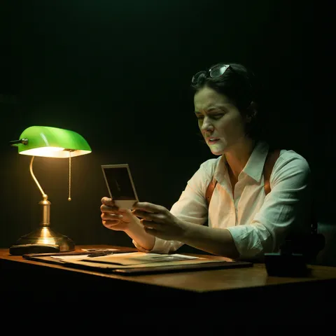 {
  "scene": {
    "description": "A private detective's office, 3 AM, the only light a green-shaded banker's lamp on the desk",
    "era": "contemporary but timeless — could be 1975 or 2025"
  },
  "subject": {
    "character": "Woman in her 40s, short dark hair, reading glasses pushed up on her forehead, studying a photograph under the desk lamp",
    "wardrobe": "white dress shirt, sleeves rolled to elbows, shoulder holster visible",
    "action": "holding a Polaroid photograph at arm's length, squinting at it"
  },
  "camera": {
    "body": "RED V-Raptor XL",
    "lens": "Leica Summilux-C 40mm T1.4",
    "aperture": "T1.4 wide open",
    "format": "8K, cropped to 2.39:1",
    "movement": "static, locked-off tripod"
  },
  "lighting": {
    "practical": "green banker's lamp — the ONLY source in the entire frame",
    "key_effect": "the green glass shade casts a warm pool on the desk surface and the photograph, while the shade itself tints everything above desk level with a faint green cast",
    "face_light": "bounce from the photograph's white surface reflecting lamp light upward onto the detective's chin and lips — subtle, accidental uplighting",
    "shadows": "everything beyond 4 feet from the desk is absolute black"
  },
  "color_grade": {
    "shadows": "deep black with green undertone from the lamp shade",
    "midtones": "warm amber from tungsten bulb",
    "highlights": "slightly green-tinged on the desk surface",
    "reference": "Se7en opening title color palette, Darius Khondji"
  },
  "style": "neo-noir detective thriller, Zodiac cinematography by Harris Savides, one-source lighting exercise",
  "negative_prompt": "bright, daylight, multiple light sources, colorful, cheerful, CGI, cartoon"
}