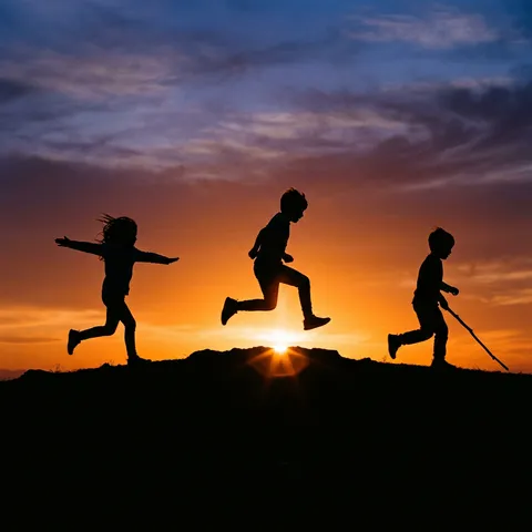 Three children running across a hilltop at sunset, all in silhouette. Their shapes are distinct — one with arms out like wings, one mid-jump, one dragging a stick. The sky behind them is a gradient from deep orange at the horizon to purple overhead. Lens flare from the low sun creates a hexagonal starburst between the middle child's legs. Everything below the hilltop line is black. 135mm telephoto compresses them against the sky. f/8. Spielberg suburban magic, the universal image of childhood freedom. Highly realistic skin texture with visible pores, natural micro-imperfections, slight blemishes, no smoothing, no beauty filter, no airbrushed or plastic skin texture. Negative: airbrushed skin, plastic texture, waxy face, over-smoothing, beauty filter, CGI skin