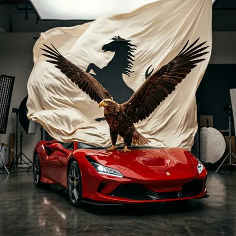 **Type:** Photorealistic Studio Commercial Scene  
**Subject:** Live eagle perched on Ferrari F8 Tributo hood, forming Ferrari prancing horse silhouette  

**Scene & Layout:**
- Indoor professional photography studio with controlled environment
- Ferrari F8 Tributo positioned center frame
- Live eagle balanced on hood:
  - Talons firmly gripping hood surface
  - Wings spread wide, forming the iconic Ferrari prancing horse silhouette
- Large billowing silk fabric suspended behind the car, oversized to encompass eagle entirely, backdrop acting as canvas
- Camera angle: frontal/3⁄4 side, slightly low to emphasize verticality and drama

**Objects & Environment:**
- Ferrari with glossy crimson paint, visible emblem and aggressive grille
- Eagle anatomically correct: feather detail, muscular wings, intense gaze
- Fabric: oversized, flowing and billowing, natural undulating folds
- Studio floor reflective, subtle shadows under eagle and car
- Soft studio elements visible (light stands, softboxes, reflectors)

**Lighting:**
- Key light from above/side to accentuate eagle plumage and fabric texture
- Fill light for even illumination without washing out details
- Rim/backlight to separate eagle from dark or neutral background
- Subtle reflections on car surface and floor

**Camera & Optics:**
- 60mm macro lens, f/3.2–4.5 for shallow depth of field
- Focus on eagle and fabric center, background slightly softened

**Visual Quality Constraints:**
- Physically plausible pose: eagle stably perched on car hood
- Ultra-realistic textures: eagle feathers, car paint, silk fabric folds
- Cinematic, high-end commercial photoshoot feel
- Eagle perfectly centered on fabric, forming live Ferrari emblem silhouette Highly realistic skin texture with visible pores, natural micro-imperfections, slight blemishes, no smoothing, no beauty filter, no airbrushed or plastic skin texture. Negative: airbrushed skin, plastic texture, waxy face, over-smoothing, beauty filter, CGI skin