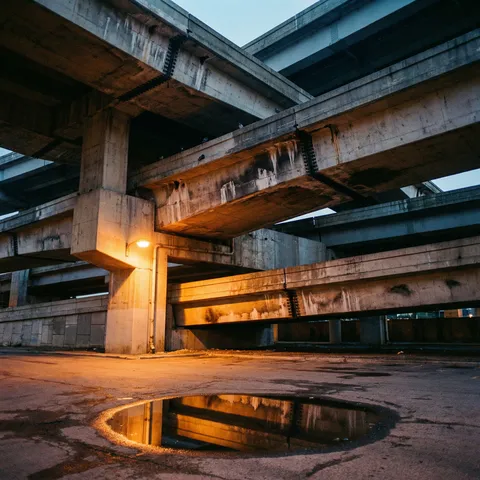 The underside of an elevated highway interchange, looking straight up from below. The concrete flyovers curve and cross overhead like the ribs of a mechanical cathedral — four levels of road stacked and woven, each at a different height and angle. The concrete is stained with decades of exhaust, water marks, and calcium deposits. Steel expansion joints are visible as dark lines. Pigeons nest in the beam recesses. A single street light mounted on a column illuminates the lowest level, its sodium orange glow washing the nearest concrete surfaces warm while the upper levels recede into cool blue shadow. The ground beneath is empty asphalt, oil-stained, with a single puddle reflecting the entire structure above — a perfect inverted image of the interchange in a two-foot circle of water. Shot on a Canon EOS R5 with the RF 15-35mm f/2.8L at 15mm, f/8 — the ultra-wide from directly below distorts the curves into a swooping vertigo of converging concrete. The vertical convergence is left uncorrected — this is not architectural documentation, it is architectural experience. Kodak Ektar 100 emulation for the saturated sodium-orange against the cool concrete grey. Michael Wolf's Architecture of Density meets the infrastructural sublime.
