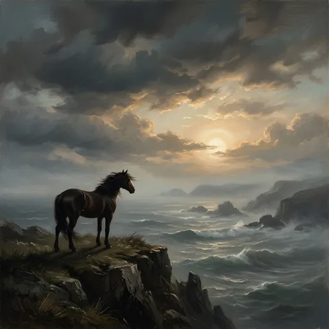 { "meta": { "image_quality": "Medium", "image_type": "Oil Painting (Digital Scan)", "resolution_estimation": "Standard web resolution (approx 1000px width)" }, "global_context": { "scene_description": "A Romantic-era landscape painting depicting a solitary horse standing on a windswept clifftop in the foreground, viewed from the side. The horse gazes out over a vast, undulating seascape with crashing waves and rocky outcrops obscured by layers of sea mist and atmospheric perspective. The sky occupies the upper two-thirds of the canvas, filled with dramatic, turbulent clouds. A break in the clouds near the horizon reveals a luminous light source (likely the setting sun) which bathes the clouds in a soft, ethereal glow ranging from pale gold to soft amber, contrasting with the somber, dark grey-blue tones of the ocean and cliffs.", "time_of_day": "Ambiguous; likely Sunset, Late Afternoon, or Storm's End", "weather_atmosphere": "Overcast, Misty, Moody, Sublime, Turbulent", "lighting": { "source": "Natural (Sun behind clouds at horizon)", "direction": "Backlit/Horizon-level", "quality": "Diffused, Ethereal", "color_temp": "Cool (blues/greys) with Warm golden highlights (amber/cream)" } }, "color_palette": { "dominant_hex_estimates": [ "#3A3F47", "#5B5D61", "#1F1810", "#7A8A92", "#4D4538" ], "accent_colors": [ "Deep Gold", "Creamy Amber", "Muted Slate Blue" ], "contrast_level": "Medium-High" }, "composition": { "camera_angle": "Slightly elevated relative to the horse's shoulder", "framing": "Wide-shot / Seascape", "depth_of_field": "Deep (achieved via atmospheric perspective/sfumato)", "focal_point": "The golden break in the clouds and the silhouette of the standing horse" }, "objects": [ { "id": "obj_001", "label": "Lone Horse", "category": "Animal", "location": "Center-Left", "prominence": "Foreground (Silhouette)", "visual_attributes": { "color": "Dark Brown / Black (in shadow)", "texture": "Indiscernible due to shadow/painting style", "material": "Fur/Flesh", "state": "Static/Alert", "dimensions_relative": "Medium relative to the landscape" }, "micro_details": [ "Windswept mane", "Standing posture", "Profile orientation, facing toward horizon" ], "pose_or_orientation": "Standing, gazing toward the sea (side profile)", "text_content": null }, { "id": "obj_002", "label": "Clifftop Edge", "category": "Nature/Terrain", "location": "Bottom edge spanning width", "prominence": "Foreground", "visual_attributes": { "color": "Deep Earthy Greys, Black, Dark Slate hints", "texture": "Rough, painted with distinct brushstrokes", "material": "Stone/Rock", "state": "Natural", "dimensions_relative": "Foundation of the foreground" }, "micro_details": [ "Jagged precipice edges", "Windswept sparse grass", "Shadows obscure specific rock details" ], "pose_or_orientation": "Static", "text_content": null }, { "id": "obj_003", "label": "Cloud Formation", "category": "Nature/Sky", "location": "Upper 65% of frame", "prominence": "Background/Sky", "visual_attributes": { "color": "Dark Grey, Slate-Blue, tinges of Gold/Amber", "texture": "Soft, diffused, painterly strokes", "material": "Vapor", "state": "Turbulent but frozen", "dimensions_relative": "Dominates the composition" }, "micro_details": [ "Bright edges where light hits", "Heavy stratification", "Horizon opening acting as a light diffuser" ], "pose_or_orientation": "Horizontal layering", "text_content": null }, { "id": "obj_004", "label": "Light Source (Sun)", "category": "Celestial Body", "location": "Center-right, at horizon line", "prominence": "Background (Light Origin)", "visual_attributes": { "color": "Golden Yellow, Pale Orange", "texture": "Luminous", "material": "Light/Gas", "state": "Partially obscured by clouds", "dimensions_relative": "Small focal point" }, "micro_details": [ "Halo effect on surrounding clouds", "Not clearly defined circle, diffused by atmosphere and mist" ], "pose_or_orientation": "Static", "text_content": null }, { "id": "obj_005", "label": "Ocean and Distant Coastline", "category": "Nature/Terrain", "location": "Mid-ground to Horizon", "prominence": "Background", "visual_attributes": { "color": "Hazy Slate-Blue, Grey, Muted Green-Grey", "texture": "Smooth with wave patterns due to distance", "material": "Water/Land", "state": "Misty with whitecap foam", "dimensions_relative": "Vast" }, "micro_details": [ "Rolling waves with white foam", "Distant rocky outcrops", "Loss of detail due to atmospheric scattering and sea spray" ], "pose_or_orientation": "Undulating horizontal layers meeting horizon", "text_content": null } ], "text_ocr": { "present": false, "content": [] }, "semantic_relationships": [ "The Lone Horse (obj_001) is standing on the Clifftop Edge (obj_002)", "The Light Source (obj_004) is backlighting the Clouds (obj_003)", "The Clouds (obj_003) are obscuring the upper portion of the Sky", "The Ocean (obj_005) is visually separated from the foreground by color value (Atmospheric Perspective)", "The Horse (obj_001) is gazing at the Ocean (obj_005) and the setting Sun (obj_004)" ] ,
  "skin_realism": "Highly realistic skin texture with visible pores, natural micro-imperfections, slight blemishes, no smoothing, no beauty filter, no airbrushed or plastic skin texture.",
  "negative_prompt": "airbrushed skin, plastic texture, waxy face, over-smoothing, beauty filter, CGI skin"
}