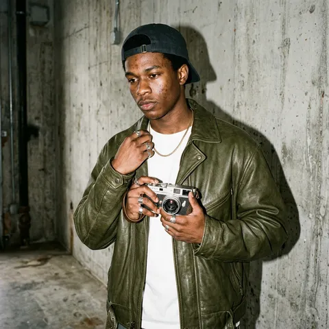 SHOT:
• Composition: Mid-frame portrait, subject standing against a textured concrete wall, body angled with a contemplative stance. One hand adjusts a leather jacket collar, the other holds a vintage camera near the chest. Asymmetry and negative space frame the shot with a streetwear editorial aesthetic.
• Camera Settings: ISO 320, f/4.5, 1/160 s — sharp focus, flash balanced to highlight fabric texture and metallic hardware.
• Film Grain: Subtle analog grain for cinematic texture.
• Flash Effect: Strong direct frontal flash producing harsh contrasts, crisp shadows, and reflective highlights for raw editorial look.

LENS EFFECTS:
• Optics: Clean, natural rendering with minimal distortion.
• Artifacts: None.
• Depth of Field: Moderate — subject in sharp focus, background softened into neutrality.

SUBJECT:
• Description: Young Black Male, athletic build, introspective yet commanding presence with subtle intensity while holding vintage camera.
• Wardrobe: Oversized olive green leather jacket layered over a plain white t-shirt and vintage chain necklace, chunky silver rings, dark baseball cap worn backward.

SCENE:
• Location: Minimalist industrial space with exposed concrete wall.
• Background: Neutral tones accentuate deep olive jacket and metallic hardware.
• Environment: Stripped-down high-fashion editorial setting emphasizing styling and attitude.

CINEMATOGRAPHY:
• Lighting: Harsh direct flash, reflective surfaces with paparazzi-like rawness.
• Tone: Edgy, modern, cinematic — merging streetwear styling with candid flash energy.
• Shadows: Bold cast shadows on wall and sharp contours enhancing dramatic tension.

VISUAL DETAILS:
• Action: Subject mid-pose with camera, leaning into wall with relaxed authority.
• Props: Oversized olive leather jacket, vintage camera, metallic jewelry, baseball cap.
• Physics: Draping of oversized tailoring, natural folds enhanced by high-contrast flash.

SKIN REALISM: Highly realistic skin texture with visible pores, natural micro-imperfections, slight blemishes, no smoothing, no beauty filter, no airbrushed or plastic skin texture.
NEGATIVE: airbrushed skin, plastic texture, waxy face, over-smoothing, beauty filter, CGI skin
STYLE:
• Visual Aesthetic: Bold editorial portrait styled for contemporary streetwear magazine cover.
• Color Palette: Deep olive, muted whites, subtle metallic accents, worn details.
• Texture: Heavy leather fabrics contrasted with glossy flash highlights and analog grain overlay.