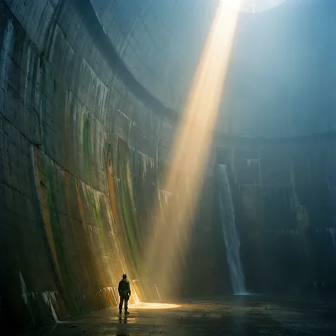 SHOT: • Composition: Wide establishing shot, a lone figure dwarfed by a massive architectural structure • Camera: ARRI Alexa 65, Panavision Sphero 65 24mm T2.8, IMAX-scale framing • Aspect: 1.43:1 IMAX
SUBJECT: • Character: Small figure in dark utilitarian clothing, standing at the base of an enormous curved concrete wall that extends upward and out of frame • Scale: The figure occupies less than 5% of the frame area — this is about the architecture, not the person
SCENE: • Location: Interior of a decommissioned dam or water treatment facility — brutal concrete geometry, curved walls stained with mineral deposits, a thin waterfall trickling down the far wall • Atmosphere: Fog or mist at ground level, reducing visibility beyond 50 meters
LIGHTING: • Key: A single shaft of daylight enters from an opening high above (not visible), falling as a column of light through the mist — the figure stands at the edge of this light shaft • The light beam is visible due to the mist, creating volumetric rays • Everything outside the shaft is in deep shadow, lit only by scattered bounce from the wet concrete
COLOR: Cool blue-grey concrete, warm golden shaft of light, green mineral stains on walls
STYLE: Denis Villeneuve / Roger Deakins — Blade Runner 2049 Wallace Corporation interiors, Arrival language chamber, Dune Arrakeen architecture. The sublime scale of brutalist structures dwarfing a human figure.