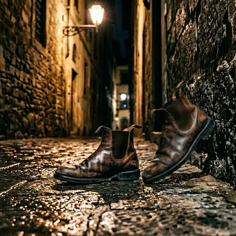 A pair of worn leather Chelsea boots sit on a rain-wet cobblestone street in what looks like a side alley in Florence. The boots are dark brown with a beautiful natural patina — scuffs on the toes, creased leather at the flex points, darkened edges where rain has soaked in. They've been placed as if someone just stepped out of them — slightly splayed, one boot standing straight, the other leaning against a weathered stone wall. The cobblestones glisten with recent rain, catching the warm light from an overhead streetlamp that creates a small pool of amber illumination around the boots. Beyond them, the alley recedes into a dark, out-of-focus vanishing point. Shot on a Leica M11 with the Noctilux 50mm f/0.95 wide open — the depth of field is impossibly thin, the nearer boot is razor-sharp while the second boot is already beginning to dissolve. Film grain from a Kodak Tri-X 400 pushed to 1600 emulation adds grit and texture. RM Williams meets Italian neorealism, heritage leather goods photographed like a scene from a film.