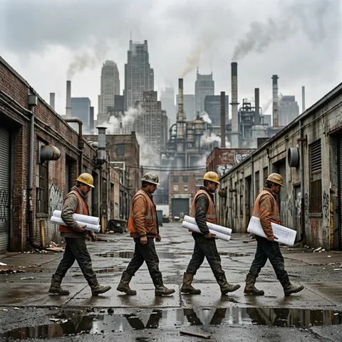 SHOT:  • Composition: Wide-angle horizontal shot, subjects positioned in lower third, industrial cityscape occupies upper two-thirds  • Camera Settings: ISO 500, f/5.6, 1/160s, natural light, full-frame sensor  • Film Grain: Light grain, natural texture  LENS EFFECTS:  • Optics: Sharp focus on subjects and foreground, soft focus on distant skyscrapers  • Artifacts: None noticeable  • Depth of Field: Deep focus capturing both subjects and distant cityscape  SUBJECT:  • Description: Four figures walking in a line, wearing worn construction hard hats, faded orange safety vests, carrying rolled blueprints under their arms, visible dusty work boots  • Wardrobe: Industrial work vests, protective hard hats, weathered construction attire  • Grooming: Faces partially obscured by hat brims, indistinct features  SCENE:  • Location: Urban wet alleyway running between warehouse buildings, concrete surfaces with puddles, distant smoky industrial smokestacks and urban skyline in background  • Time of Day: Overcast mid-morning, diffused daylight  • Environment: Damp ground with reflective puddles suggesting recent rain, industrial haze in distance  VISUAL DETAILS:  • Action: Group walking in synchronized manner, steady measured pace  • Props: Rolled blueprints held under left arm by each figure  • Physics: Wet pavement with subtle reflections, smog creating atmospheric haze  CINEMATOGRAPHY:  • Lighting: Soft diffuse natural light, overcast sky providing even illumination  • Tone: Muted industrial tones, subdued atmosphere  • Color Palette: Earthy grays, orange accents, gray sky, muted urban tones  TEXT ELEMENTS:  • Visible Text: None  • Typography: None  • Placement: None  SKIN REALISM: Highly realistic skin texture with visible pores, natural micro-imperfections, slight blemishes, no smoothing, no beauty filter, no airbrushed or plastic skin texture.
NEGATIVE: airbrushed skin, plastic texture, waxy face, over-smoothing, beauty filter, CGI skin
STYLE:  • Visual Aesthetic: Realistic documentary style, austere industrial mood, minimalist composition