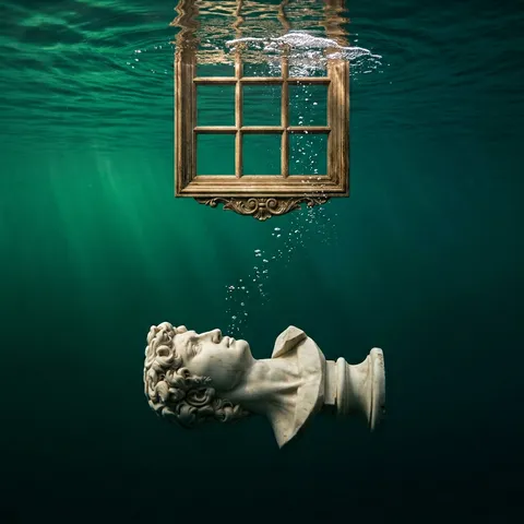 Photorealistic underwater images of a full-length object (a marble bust sculpture in a photograph) suspended under a ornate wooden window frame with six panes, floating vertically just below the rippled surface of the water; the frame is positioned vertically in the center of the upper third, with the front side visible, six distinct square panes with ornamental muntins, and decorative carved molding at the lower middle edge, with a collection of silver foam and light refractions directly above it. The subject occupies the middle-lower third, the sculpture is completely horizontal - the base plane is parallel to the lower edge of the image, the top is to the left of the camera, the pedestal is to the right, the overall form is rigid and still, the texture is smooth with classical contours, a stream of small bubbles rises diagonally towards the window frame, and the sculpture's face should be angled upwards, towards the surface/frame (the nose is slightly raised, and the gaze direction is upward). The water forms a dark gradient from emerald to teal, with the brightest color at the surface and almost black at the bottom, leaving a significant amount of negative space around the subject. Shot on ARRI Alexa 35 in an underwater housing with Zeiss Supreme Prime 28mm lens at f/4, 1/250 s, ISO 400, daylight white balance, Kodak Portra 400 film stock emulation. Lit only by sunlight from above with soft volumetric rays and sharp highlights on the ornamental details of the frame, minimal backscatter, crisp detail in the bubbles, clean edges, fine outlines; cinematic teal-green color grade with neutral whites and Rembrandt-style side illumination. No fish, no particles, no text, no additional elements. Highly realistic skin texture with visible pores, natural micro-imperfections, slight blemishes, no smoothing, no beauty filter, no airbrushed or plastic skin texture. Negative: airbrushed skin, plastic texture, waxy face, over-smoothing, beauty filter, CGI skin
