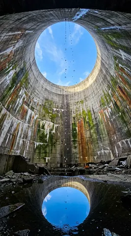 Looking straight up inside an abandoned power station cooling tower — a hyperboloid concrete shell rising 100 meters to a perfect circle of blue sky at the top. The interior walls are streaked with mineral deposits — white calcium runs, green algae patches, rust-orange iron stains — creating an accidental abstract painting on the raw concrete. Water drips from high above, the drops catching light as they fall. At the base, broken concrete and pooled rainwater. The rainwater pool reflects the circular sky opening above — a mirror circle on the floor matching the real circle above. Vertical composition emphasizing the dizzying height. Shot on Nikon Z8, 14mm, f/8. Negative: people, night, text, watermark.