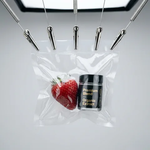 SHOT:  • Composition: Centered close-up shot of vacuum-sealed package suspended by metal clips against plain background  • Camera Settings: Canon RF 100mm f/2.8L Macro lens, f/16 aperture for maximum sharpness, daylight balanced, no motion blur  • Film Grain: None, clean digital clarity with Kodak Portra 400 color science  LENS EFFECTS:  • Optics: High definition focus on packaging texture and objects inside  • Artifacts: Minimal reflections on plastic surface  • Depth of Field: Deep focus capturing entire package and contents clearly  SUBJECT:  • Description: Transparent vacuum-sealed plastic pouch containing a fresh red strawberry and a small black and silver cylindrical container labeled with gold text  • Wardrobe: None  • Grooming: None  SCENE:  • Location: Studio setup with controlled lighting and neutral background  • Time of Day: Indeterminate artificial lighting  • Environment: Minimalistic, clinical  VISUAL DETAILS:  • Action: Package suspended mid-air by five metal clips with thin wires and springs, no movement  • Props: Five shiny chrome alligator clips attached to coiled and straight wires holding the package  • Physics: Package tautly stretched creating texture and reflections  CINEMATOGRAPHY:  • Camera Body: Sony A1 with Canon RF mount adapter  • Lighting: Butterfly lighting setup with key light positioned above center, fill light at 45 degrees, soft box diffusion minimizing shadows and highlighting texture  • Tone: Cool and clinical, sleek modern  • Color Palette: Neutral grey background, transparent with black, gold text, red strawberry  TEXT ELEMENTS:  • Visible Text: "Premium Blend" and "Organic Extract" in gold, additional minimalist iconography  • Typography: Modern sans-serif font, clean and legible  • Placement: Text on black container centered within package  SKIN REALISM: Highly realistic skin texture with visible pores, natural micro-imperfections, slight blemishes, no smoothing, no beauty filter, no airbrushed or plastic skin texture.
NEGATIVE: airbrushed skin, plastic texture, waxy face, over-smoothing, beauty filter, CGI skin
STYLE:  • Visual Aesthetic: Minimalist product photography with emphasis on clarity, texture, and modern design